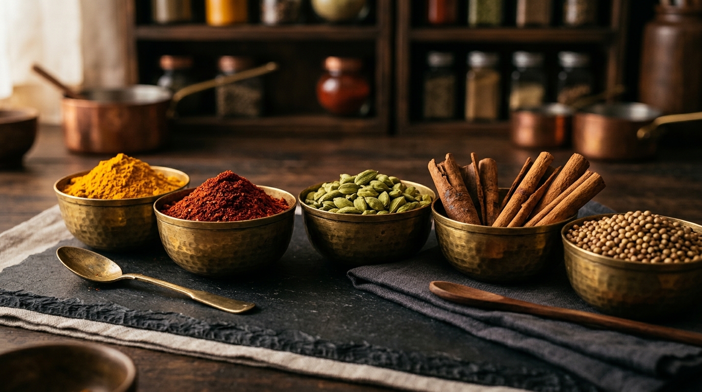 Rich Indian spices in traditional brass bowls - Turmeric, Chilli, Cardamom, Cinnamon